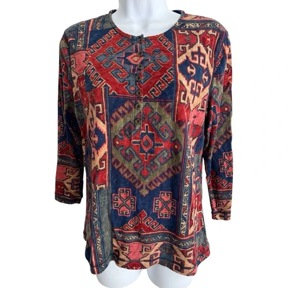 Lauren Jeans Co Ralph Lauren Top Women L Henley Aztec Southwest Boho Western - Picture 2 of 8